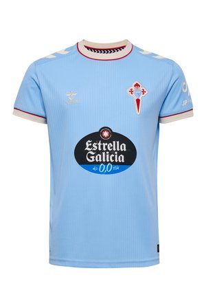 Hellblaues Fußballtrikot mit Estrella Galicia-Logo, rotem und weißem Wappen sowie weißem Kragen und Ärmelsaum mit roten Akzenten.