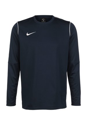 Navy blue long-sleeve Nike Dri-FIT shirt with round neck, white Nike swoosh on the chest, and white piping on the shoulders.