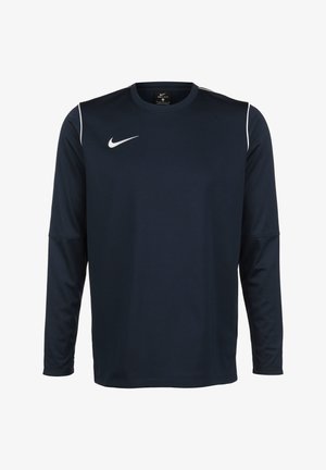 Maglietta a maniche lunghe Nike Dri-FIT blu navy con scollo rotondo, logo Nike bianco sul petto e piping bianco sulle spalle.