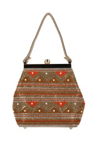 Geantă cu mărgele, având un model geometric în nuanțe de portocaliu, auriu și argintiu, cu o formă structurată, închidere cu clemă și mâner scurt.