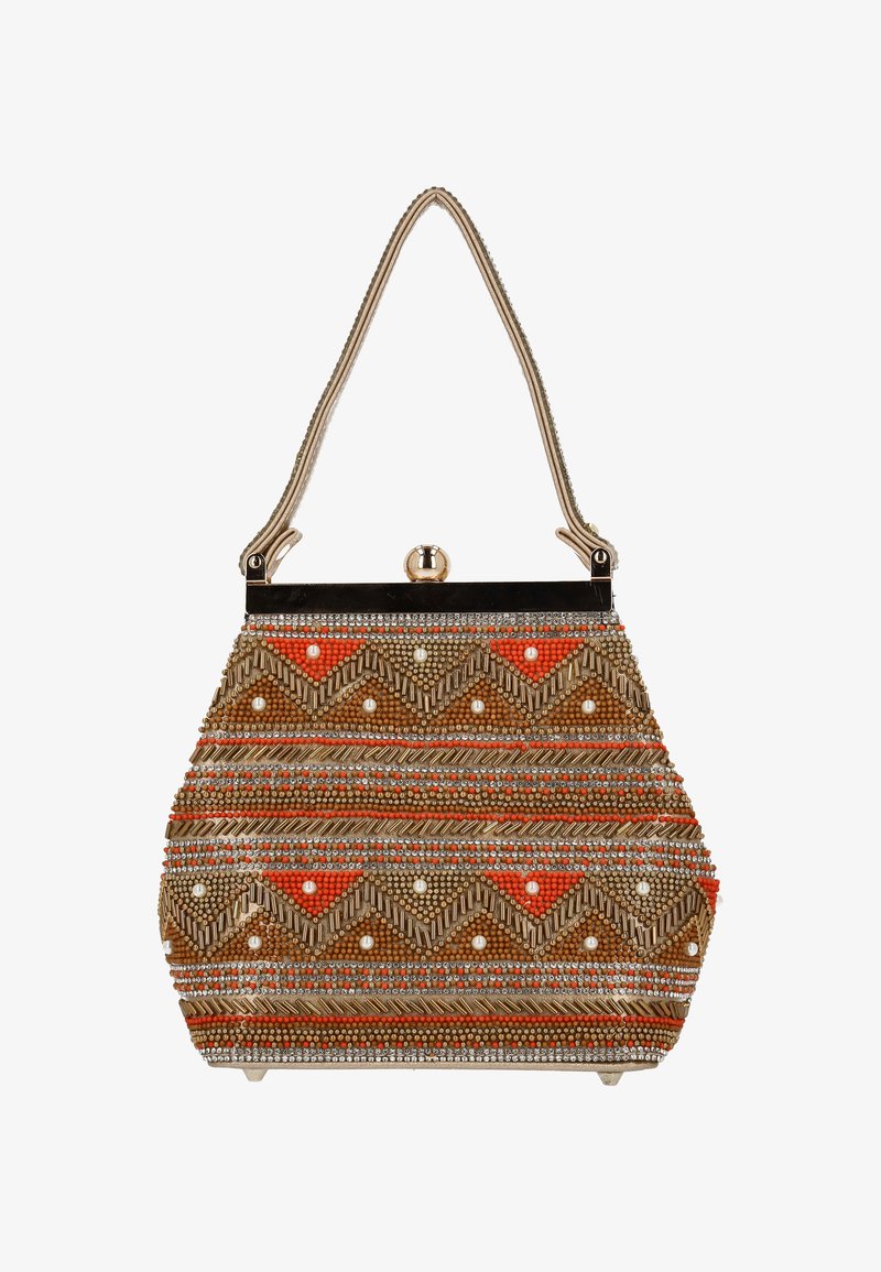 Geantă cu mărgele, având un model geometric în nuanțe de portocaliu, auriu și argintiu, cu o formă structurată, închidere cu clemă și mâner scurt.