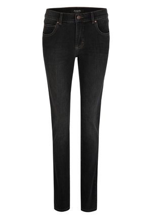 Czarne obcisłe jeansy z zapięciem na guzik i zamek błyskawiczny, przednimi kieszeniami i szlufkami na pasek, przedstawione na białym tle.