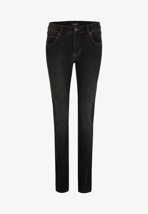 Czarne obcisłe jeansy z zapięciem na guzik i zamek błyskawiczny, przednimi kieszeniami i szlufkami na pasek, przedstawione na białym tle.