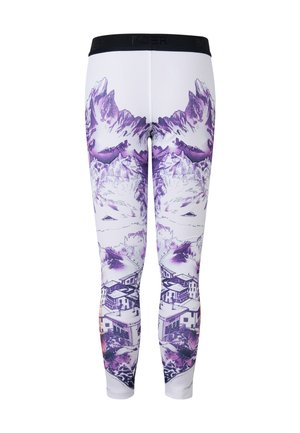 Compressiekleggings met een witte basis, versierd met een paars berglandschappatroon en gebouwen aan de onderkant. Inclusief elastische tailleband.