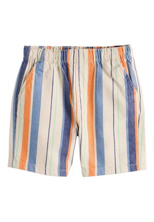 Kurze Baumwollshorts mit vertikalen Streifen in Orange, Blau, Grün und Cremefarben, mit elastischem Bund und seitlichen Taschen.
