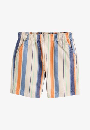 Korte bomuldsshorts med vertikale striber i orange, blå, grøn og cremefarver, med elastisk talje og sidelommer.