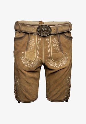Braune Lederhosen aus Leder, mit weißen Stickereien und einer dekorativen Gürtelschnalle. Enthält Seitentaschen und detaillierte Akzente.