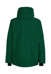 Groene waterdichte jas met een capuchon, met lange mouwen, een rechte pasvorm en zwarte accenten bij de manchetten. Een soepele textuur, zonder zichtbare patronen.