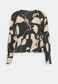 Schwarzes und cremefarbenes Wickeloberteil mit abstraktem Muster, langen Ärmeln, volantsäum und V-Ausschnitt aus leichtem Stoff.