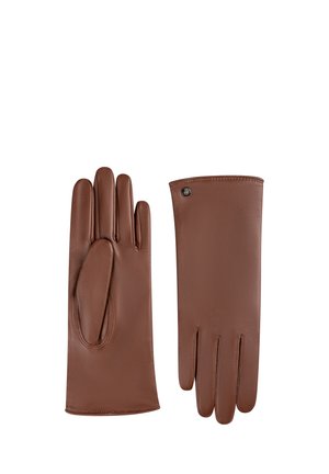 Brown leather gloves shown flat with one glove palm up and the other palm down, featuring a small button detail on the wrist.