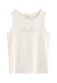 Hvid ribbet tank top med rund halsudskæring og uden ærmer, prydet med teksten "La Rêve" udsmykket med lyserøde rhinesten på brystet.