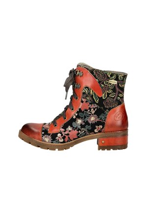 Lace-up ankle boot with a black floral fabric upper, orange leather accents, round toe, and a 3 cm block heel. Features a patterned lace.
