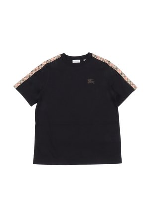 Maglietta nera a maniche corte con scollo rotondo, con dettagli a quadri sulle maniche e un logo marrone sul petto. Tessuto in cotone morbido.