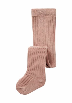 Soft pink ribbed tights and a matching sock, neatly displayed together, showcasing their texture and cozy design.