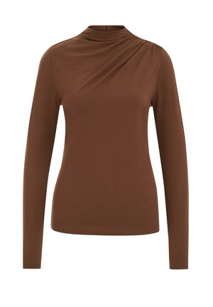 Bruine lange mouwen top met een neklijn, voorzien van een asymmetrische gedrapeerde detail op de schouder en een gladde, zachte stoftextuur.