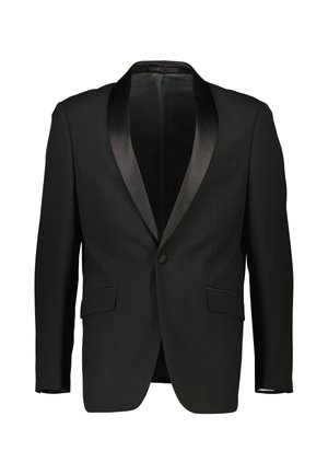 Schwarze Smokingjacke mit Satin-Schal-Kragen, einreihiger Knopfverschluss und zwei vorne liegenden Taschen. Glattes Material mit taillierter Passform. Futter nicht sichtbar.