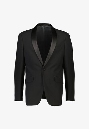 Schwarze Smokingjacke mit Satin-Schal-Kragen, einreihiger Knopfverschluss und zwei vorne liegenden Taschen. Glattes Material mit taillierter Passform. Futter nicht sichtbar.