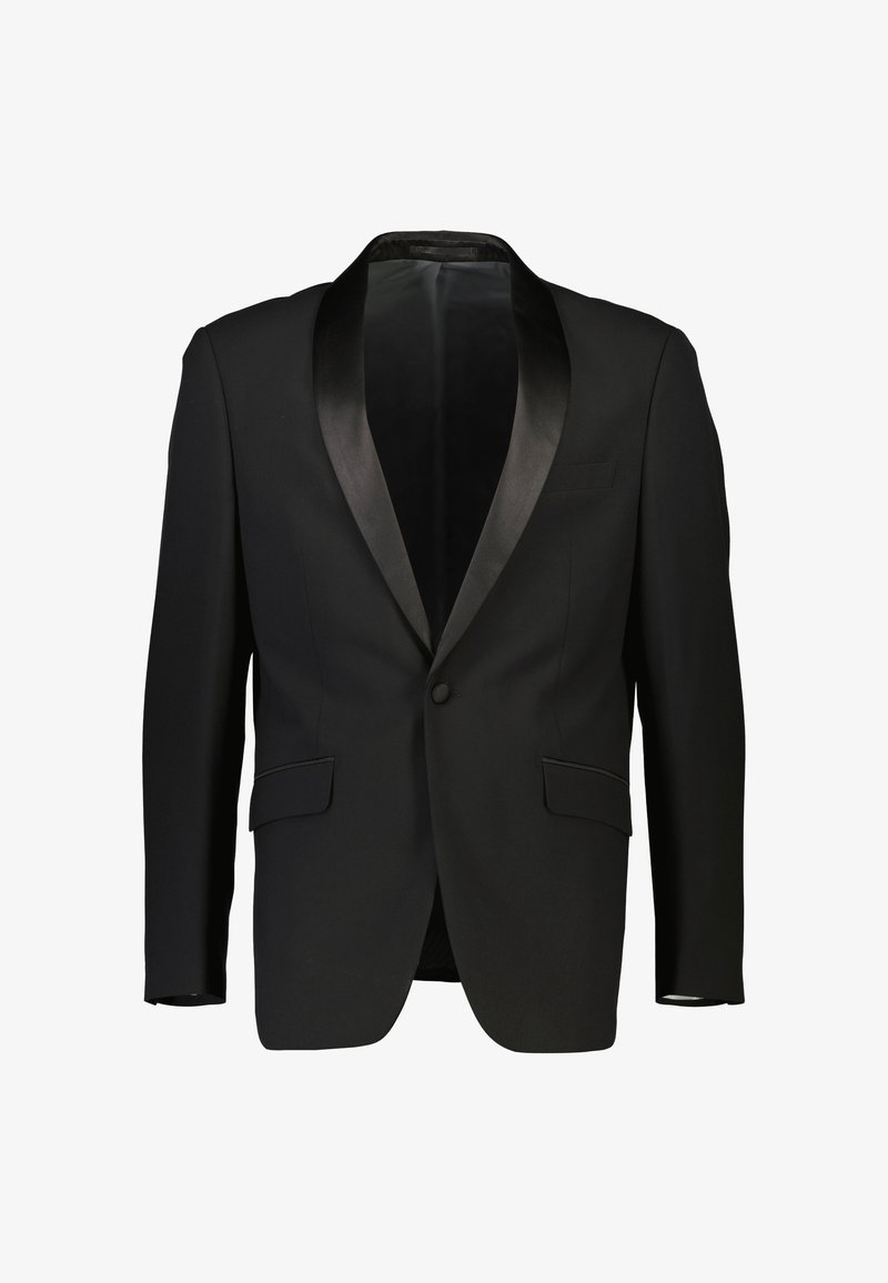 Giacca in tuxedo nera con colletto sciallato in raso, chiusura con un solo bottone e due tasche frontali. Tessuto liscio con vestibilità su misura. Nessuna fodera visibile.