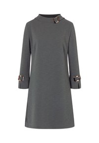 A gray, mid-length dress with a high collar. Features three-quarter sleeves with decorative buckles and a textured fabric finish.