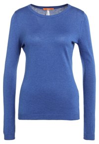 Pull à col rond bleu à manches longues avec un ourlet et des poignets texturés, fabriqué en tissu fin tricoté.