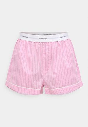 Boxer in cotone rosa con righe verticali bianche, cintura elasticizzata con logo Calvin Klein e bordo bianco sull'orlo.