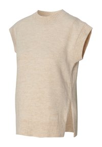 Beige mouwloze trui van zacht breimateriaal, met een geribbelde ronde hals, zijsplitten en een ontspannen pasvorm. Textuurafwerking over de gehele trui.