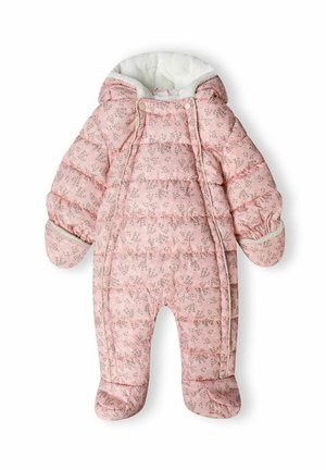 Combinaison de neige bébé matelassée rose à motifs floraux, avec capuche, poignets mitaines et couvre-pieds, doublure intérieure blanche et douce dans la capuche.