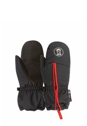 Black children's mittens with elastic wrists, a red zipper on one glove, and a small logo on the back of the right mitten.