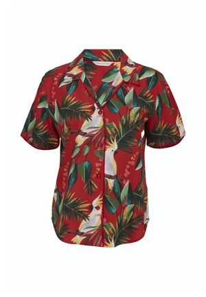 Czerwona koszula z krótkim rękawem zapinana na guziki, z nadrukiem tropikalnych zielonych liści i białego ptaka kakadu.