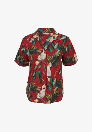 Rotes Kurzarmhemd mit Knopfleiste und tropischem grünen Blätter- und weißem Kakadu-Vogel-Muster.