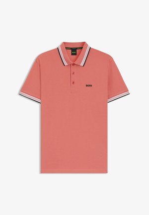 Koraalrood polo-shirt van getextureerd katoen, met een drie-knopsopening, zwart-wit gestreepte kraag en mouwen, met het "BOSS" logo.