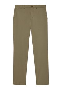 Khaki stretch chinos met een gladde textuur, rechte pijpdesign, voorzakken, riemlussen en een knoopsluiting aan de taille.