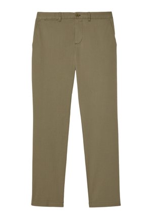 Chinos en kaki extensibles avec une texture lisse, design à jambe droite, poches avant, passants de ceinture et fermeture à bouton à la taille.