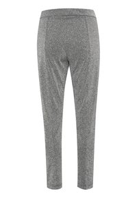Szare, elastyczne spodnie o błyszczącej, brokatowej fakturze, z elastycznym pasem i zwężanym krojem, idealne do codziennych stylizacji lub aktywności fizycznej.