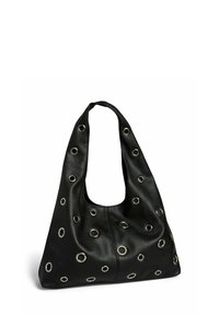 Zwarte leren schoudertas met een slouchy ontwerp, voorzien van meerdere metalen grommets. Zachte textuur en grote opening voor gemakkelijke toegang.