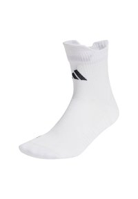 White sock with ribbed texture, quarter length, featuring a black brand logo near the top. Made from fabric suitable for athletic use.