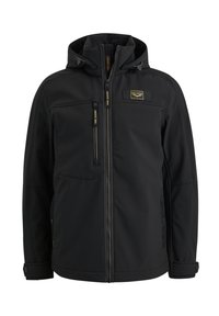 Veste noire à capuche avec fermeture éclair à l'avant, poche poitrine zippée, poignets boutonnés et écussons logo PME Legend sur la poitrine et la tirette de la fermeture éclair.