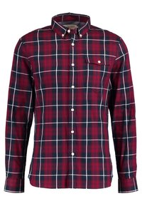 Rode en marineblauwe geruite overhemd met lange mouwen, witte accenten, een zak op de linker borst en een klassiek kraagontwerp.