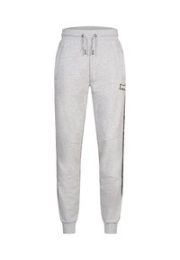Pantalones de chándal grises confeccionados en una tela suave, con cintura elástica ajustable, puños acanalados y una franjas laterales con un logotipo sutil.