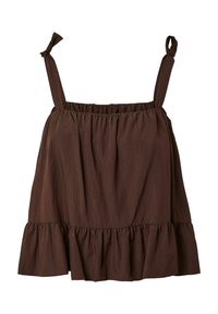 Haut sans manches marron avec bretelles réglables à nouer, encolure froncée et bas à volants en tissu léger.