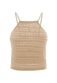 Top corto lavorato a maglia beige con un motivo a trama aperta e allentata, spalline sottili regolabili e orlo a coste. Materiale leggero e traspirante.