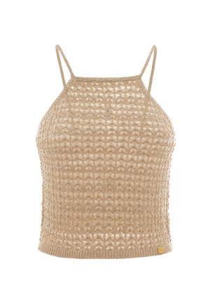 Top corto lavorato a maglia beige con un motivo a trama aperta e allentata, spalline sottili regolabili e orlo a coste. Materiale leggero e traspirante.