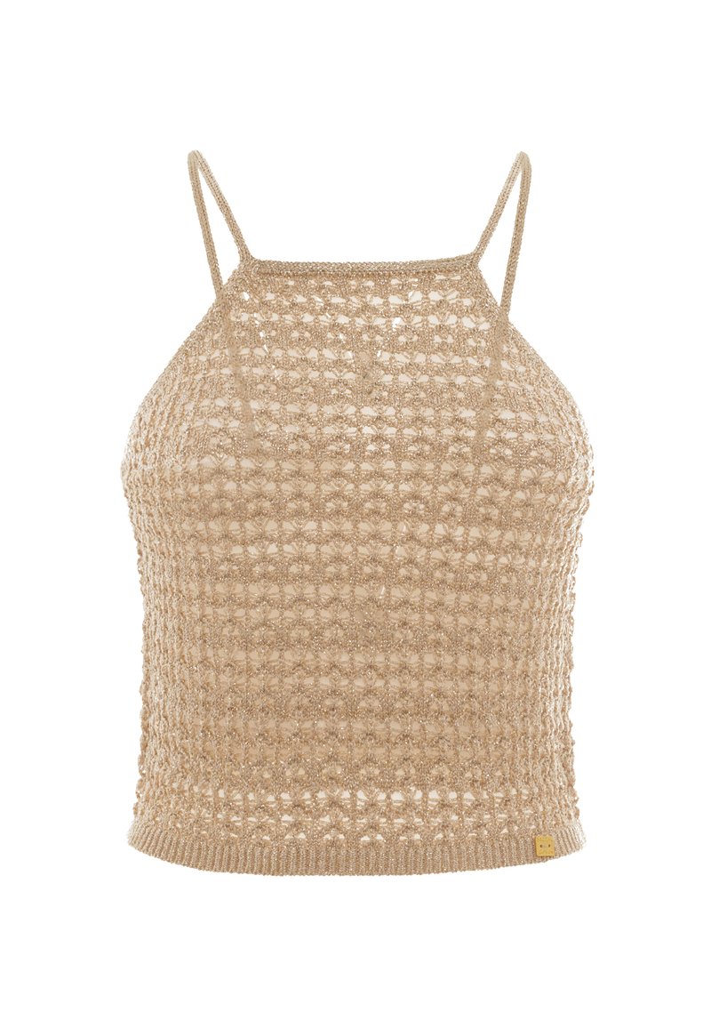 Top corto lavorato a maglia beige con un motivo a trama aperta e allentata, spalline sottili regolabili e orlo a coste. Materiale leggero e traspirante.