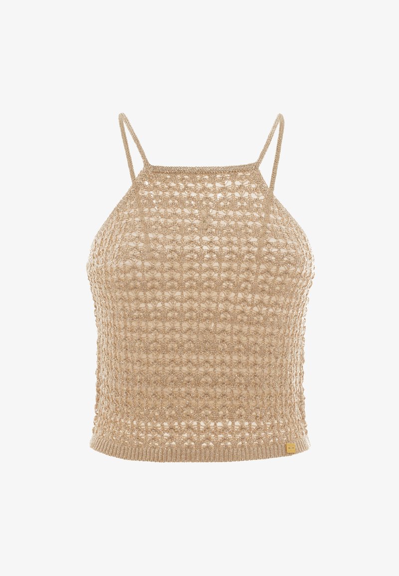 Top corto lavorato a maglia beige con un motivo a trama aperta e allentata, spalline sottili regolabili e orlo a coste. Materiale leggero e traspirante.