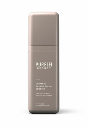 Ceramide Barrier Repair Booster in a matte taupe bottle with rounded edges. Features white text, 150ml capacity, suitable for all skin types.
