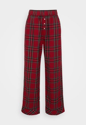 Rode geruite broek met een ontspannen pasvorm, voorzien van een elastische tailleband en zijknopen. Katoenen stof met zwarte, groene en witte accenten.