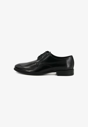Scarpe stringate in pelle nera con punta rotonda, finitura liscia, design a quattro occhielli e tacco basso e solido. Stile minimalista.