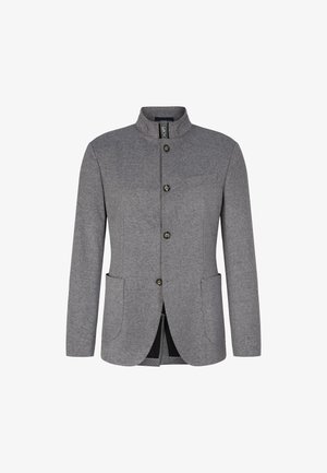 Veste en chevrons grise avec un col haut, un devant à cinq boutons, deux poches avant et un ourlet fendu. Fabriquée en tissu texturé.