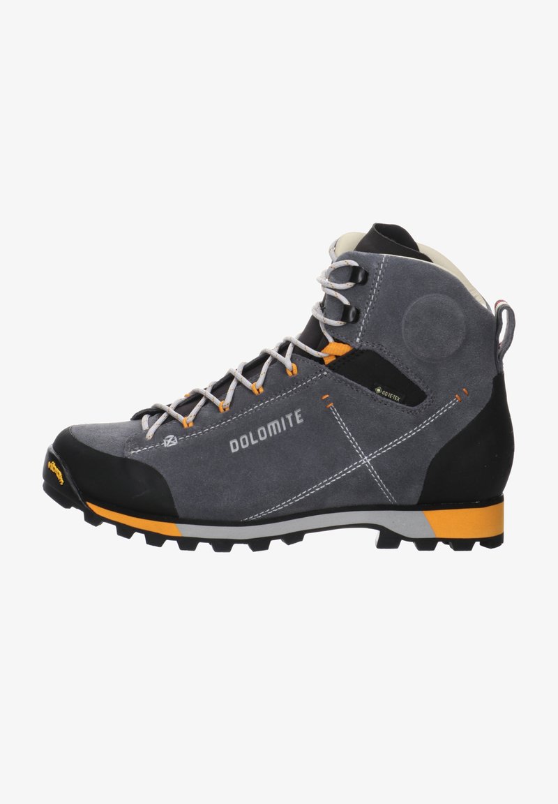 Gray suede hiking boot with black rubber toe cap, orange accents, and a textured outsole. Features a lace-up design and Gore-Tex label.