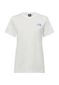 Witte katoenen t-shirt met korte mouwen, met een blauw logo gedrukt op de linkerkant van de borst. Klassieke ronde halslijn en standaard pasvorm.